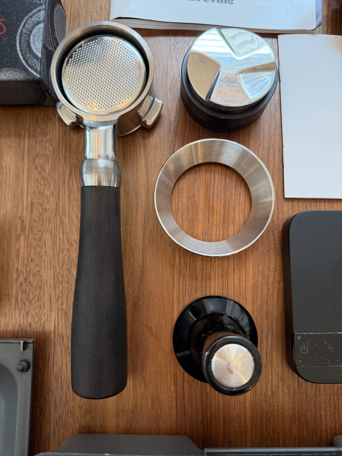 Premium barista upgrades: bottomless portafilter, IMS basket, dosing funnel, tamper, and distributor
